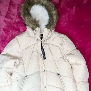 Bebe pink puffer jacket with fur hoodie.